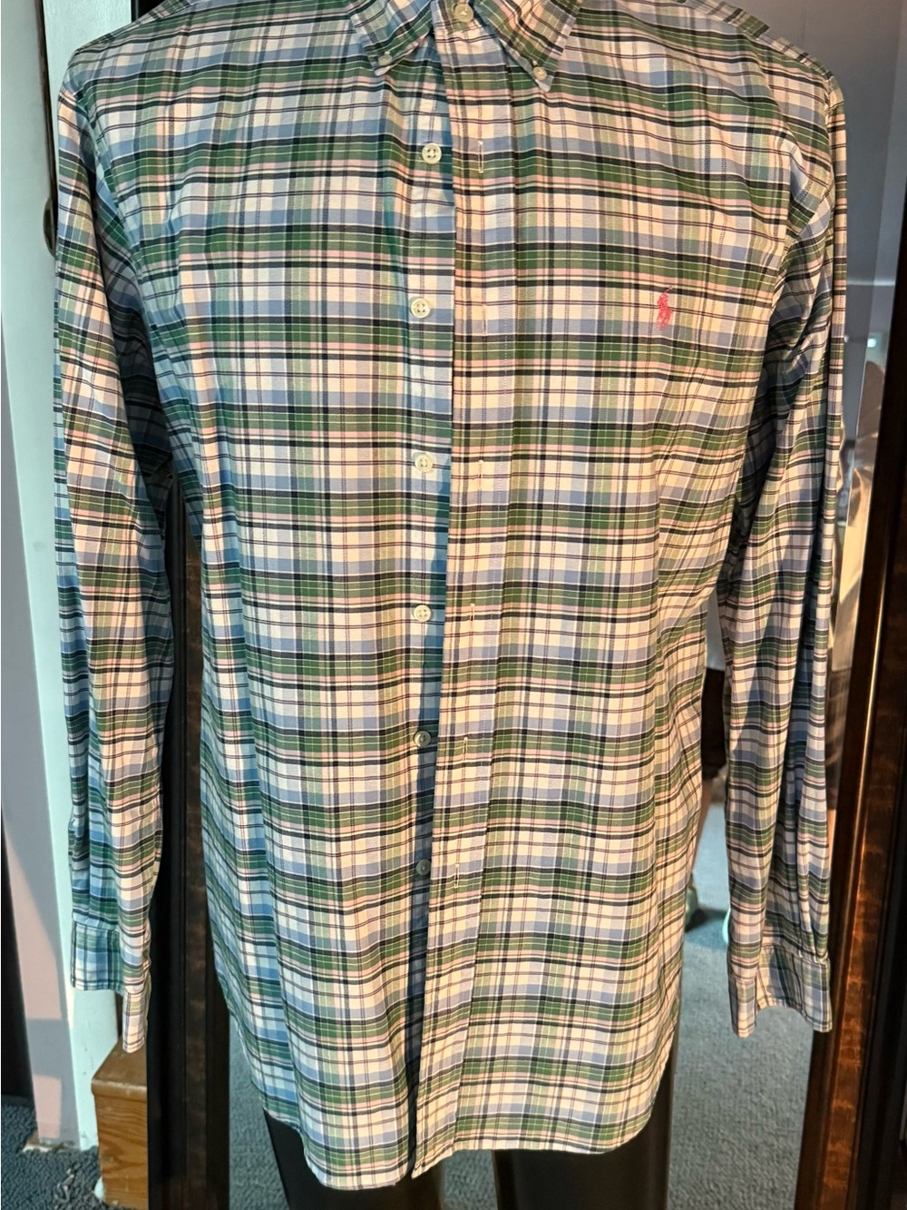 Ralph Lauren Green, Blue and White Plaid Button-Down Shirt